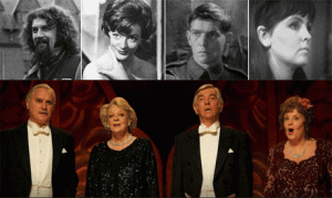 Top row: Billy Connolly as Blakey in 'Absolution' (1978); Maggie Smith as Miss Mead in 'The V.I.P.s' (1963); Tom Courtenay as Private Hamp in 'King and Country' (1964); Pauline Collins as Samantha Briggs in 'Doctor Who' (1967). Bottom row: Billy Connolly, Maggie Smith, Tom Courtenay and Pauline Collins in Dustin Hoffman's 'Quartet' (2012)